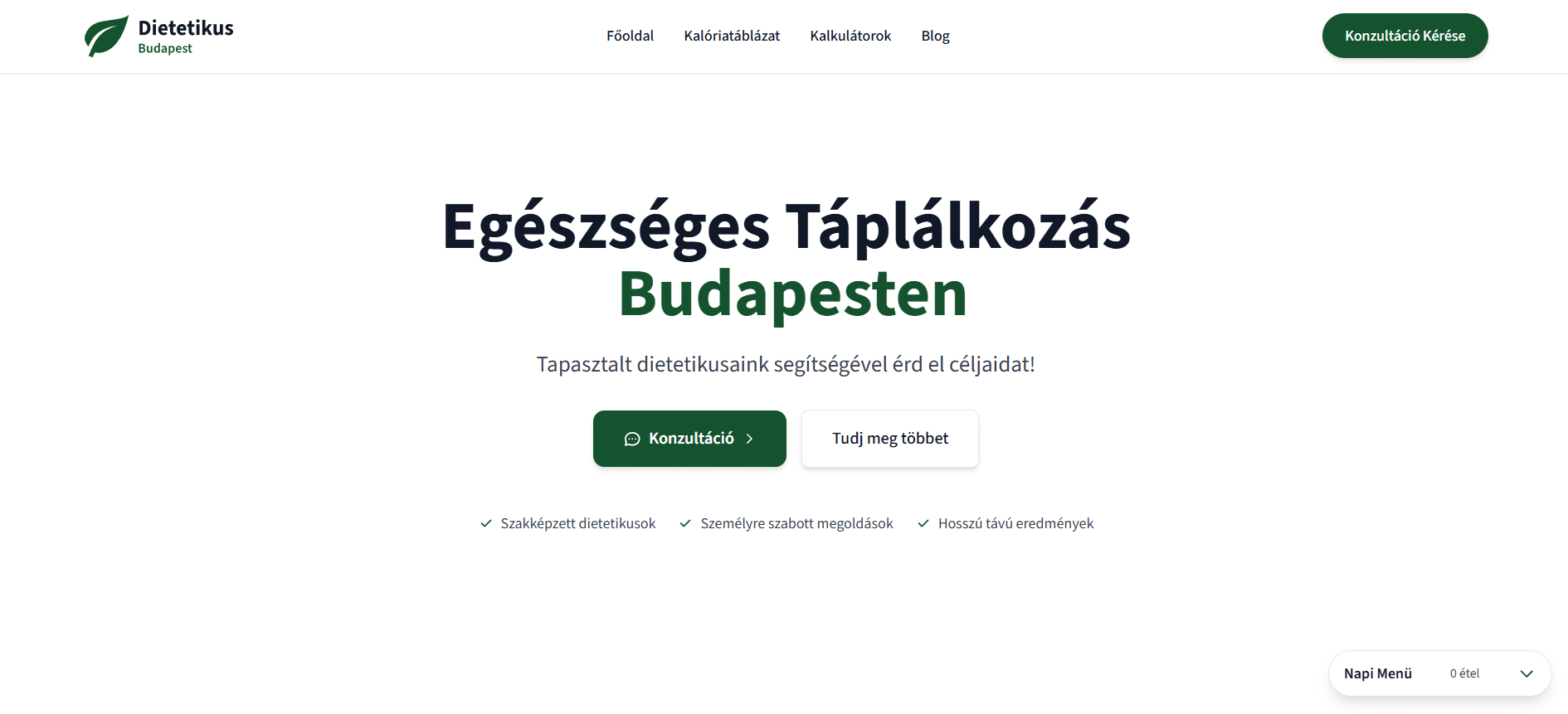 Dietetikus Budapest modern dietitian website showing nutrition services, calculators and healthy eating content
