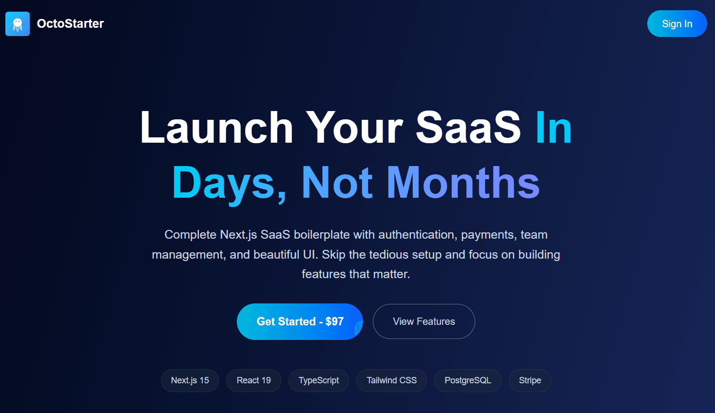 OctoStarter SaaS boilerplate platform showing authentication, payments, and team management features